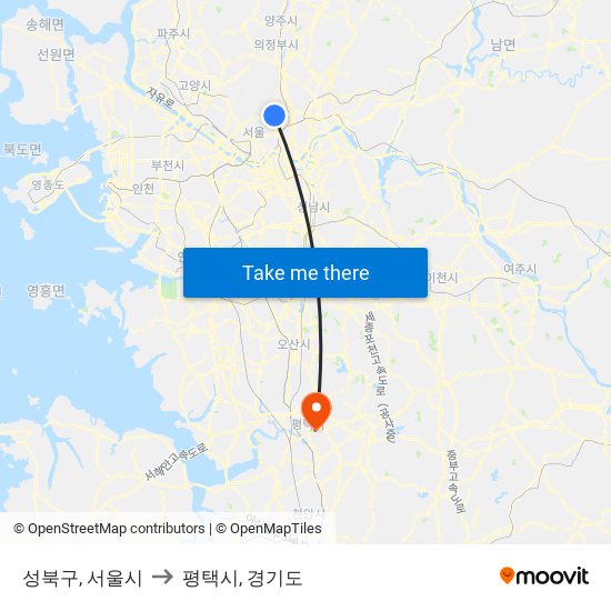 성북구, 서울시 to 평택시, 경기도 map