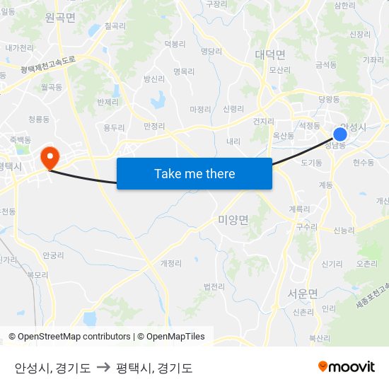 안성시, 경기도 to 평택시, 경기도 map