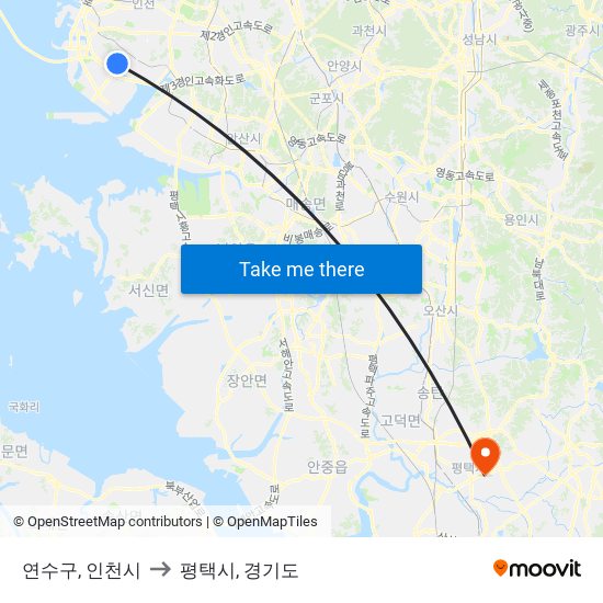 연수구, 인천시 to 평택시, 경기도 map