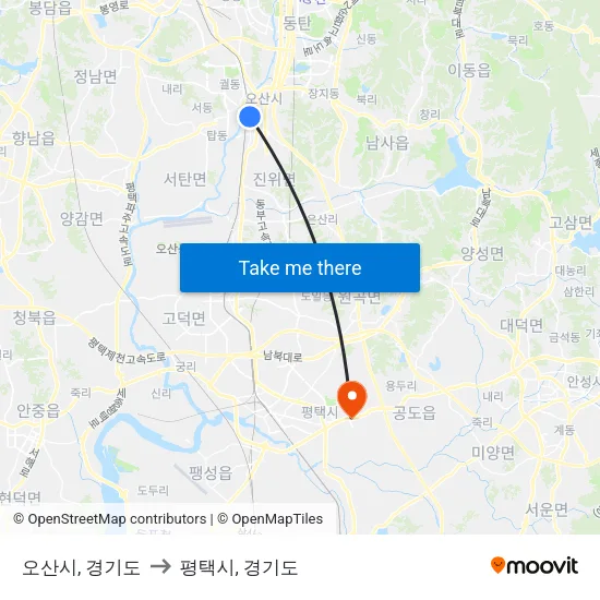 오산시, 경기도 to 평택시, 경기도 map