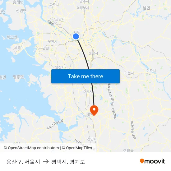 용산구, 서울시 to 평택시, 경기도 map
