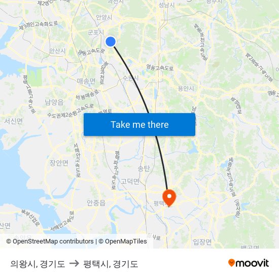 의왕시, 경기도 to 평택시, 경기도 map