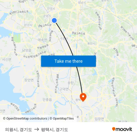 의왕시, 경기도 to 평택시, 경기도 map