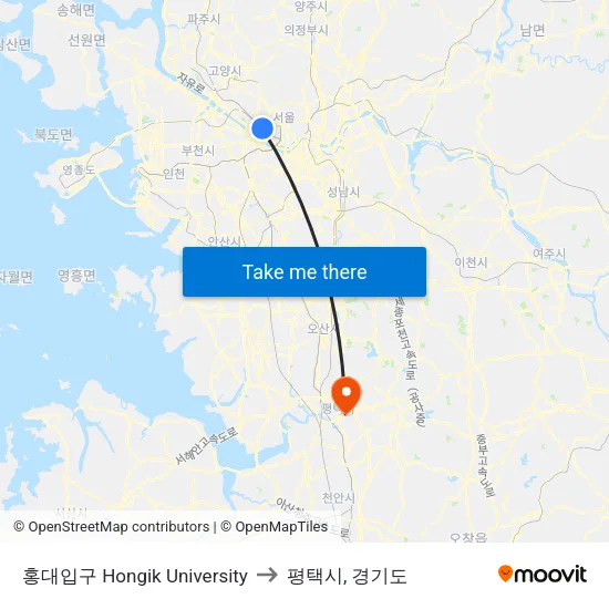 홍대입구 Hongik University to 평택시, 경기도 map