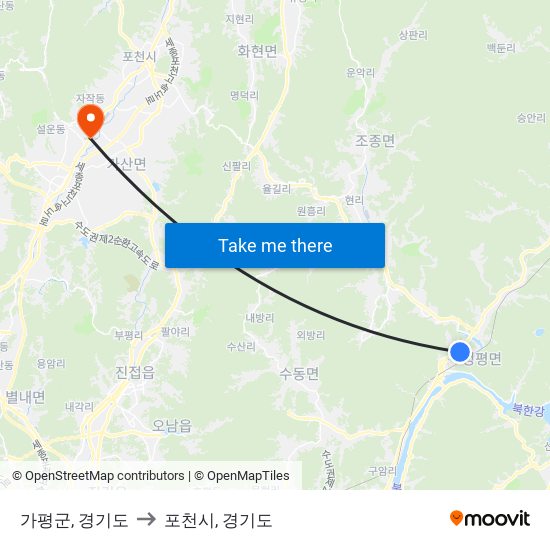 가평군, 경기도 to 포천시, 경기도 map