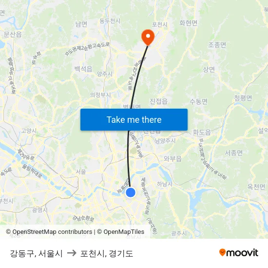 강동구, 서울시 to 포천시, 경기도 map