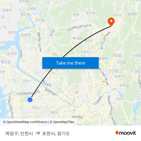 계양구, 인천시 to 포천시, 경기도 map