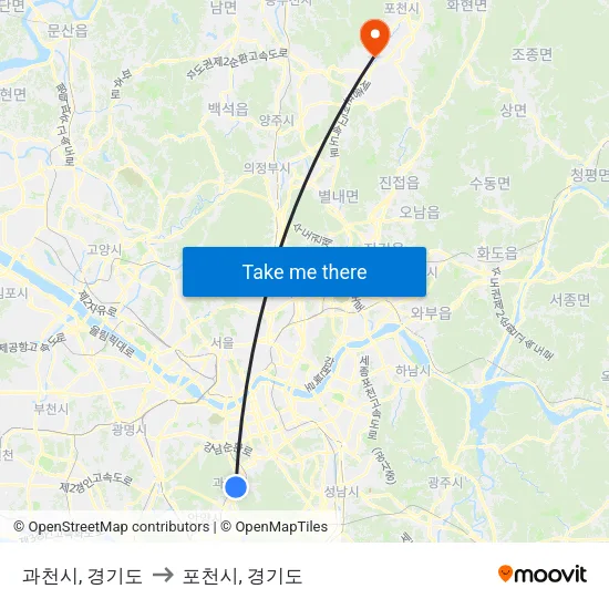 과천시, 경기도 to 포천시, 경기도 map