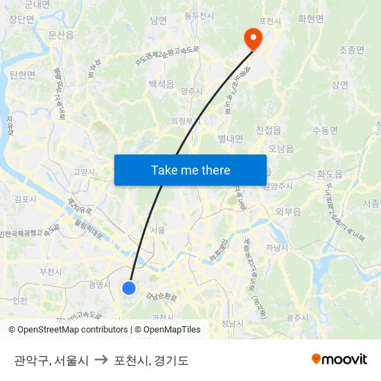 관악구, 서울시 to 포천시, 경기도 map