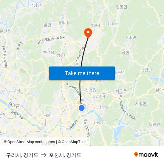 구리시, 경기도 to 포천시, 경기도 map