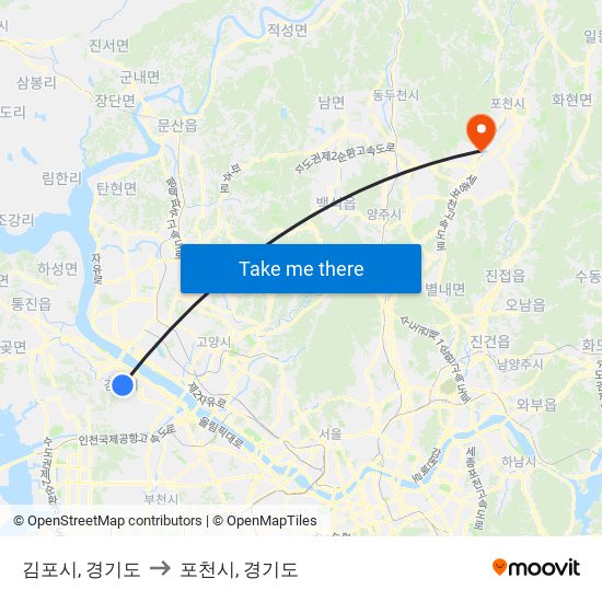 김포시, 경기도 to 포천시, 경기도 map