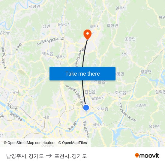 남양주시, 경기도 to 포천시, 경기도 map