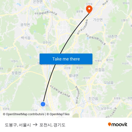 도봉구, 서울시 to 포천시, 경기도 map