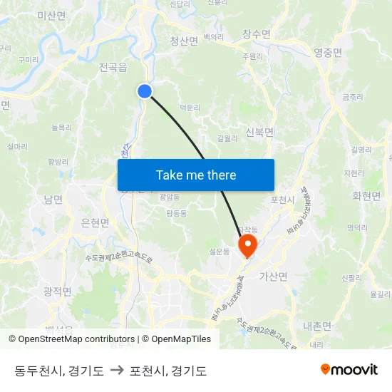동두천시, 경기도 to 포천시, 경기도 map