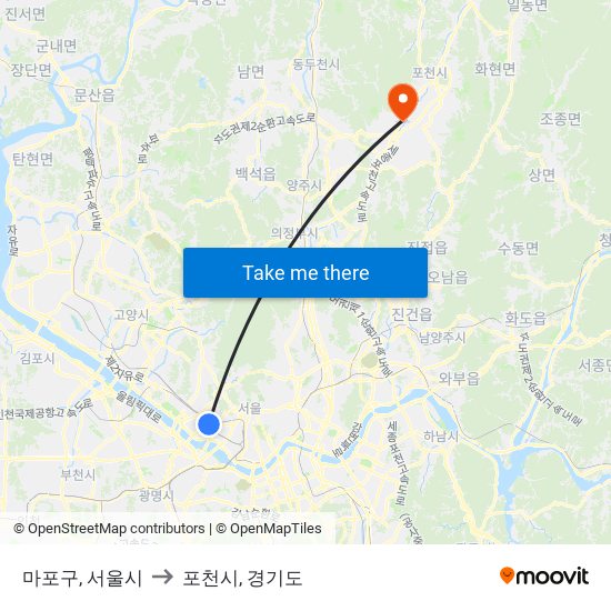 마포구, 서울시 to 포천시, 경기도 map