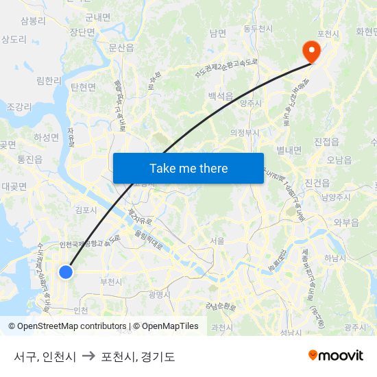 서구, 인천시 to 포천시, 경기도 map