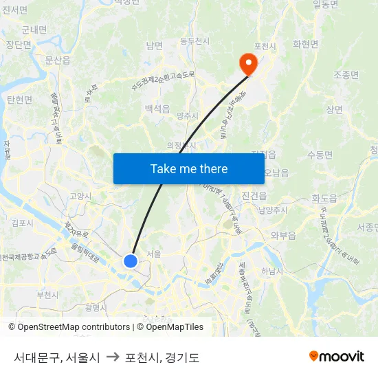 서대문구, 서울시 to 포천시, 경기도 map