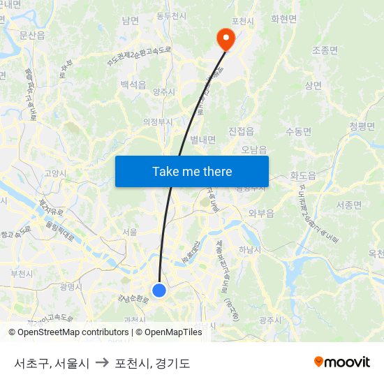 서초구, 서울시 to 포천시, 경기도 map