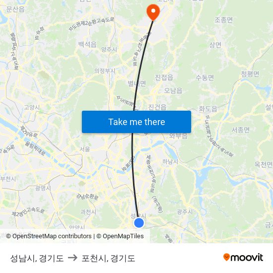 성남시, 경기도 to 포천시, 경기도 map