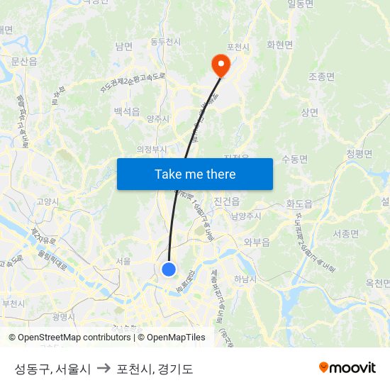 성동구, 서울시 to 포천시, 경기도 map