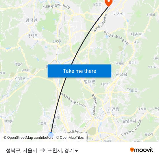 성북구, 서울시 to 포천시, 경기도 map