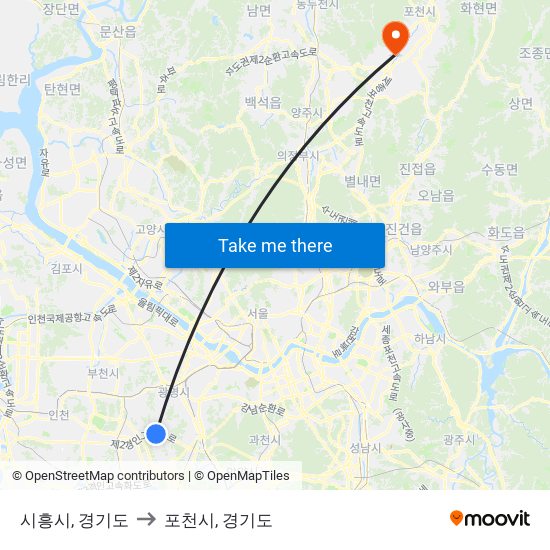 시흥시, 경기도 to 포천시, 경기도 map