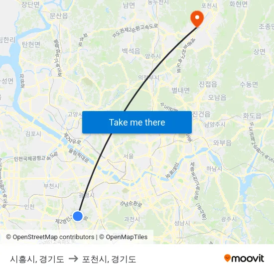시흥시, 경기도 to 포천시, 경기도 map