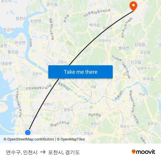 연수구, 인천시 to 포천시, 경기도 map