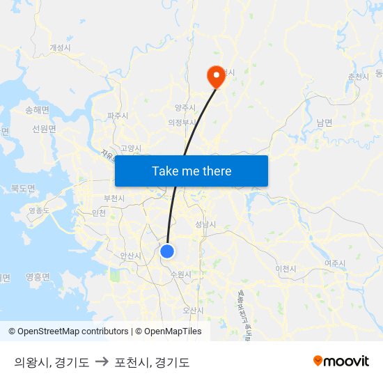 의왕시, 경기도 to 포천시, 경기도 map