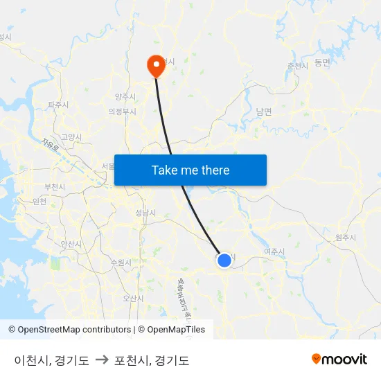 이천시, 경기도 to 포천시, 경기도 map