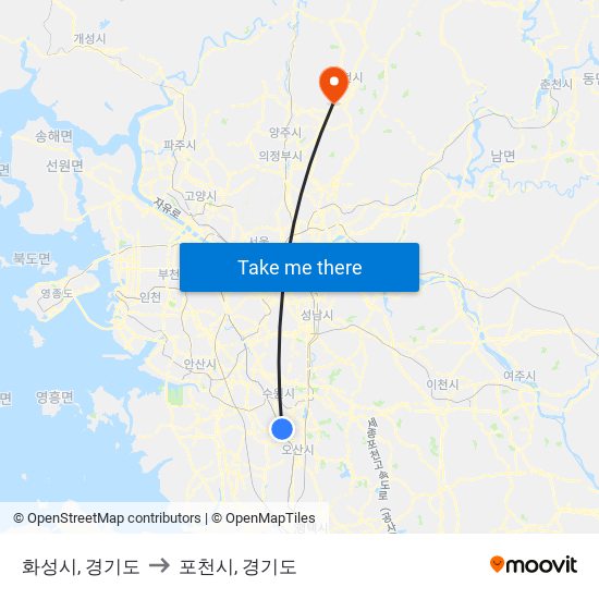 화성시, 경기도 to 포천시, 경기도 map