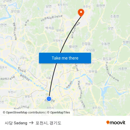 사당 Sadang to 포천시, 경기도 map