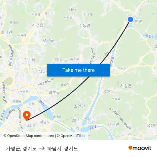 가평군, 경기도 to 하남시, 경기도 map