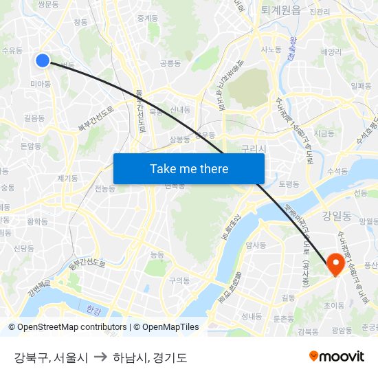 강북구, 서울시 to 하남시, 경기도 map