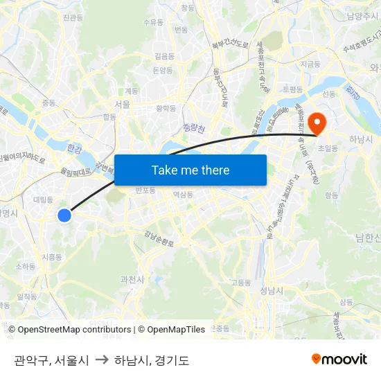 관악구, 서울시 to 하남시, 경기도 map
