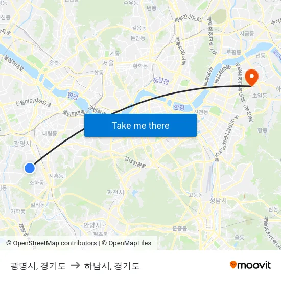 광명시, 경기도 to 하남시, 경기도 map