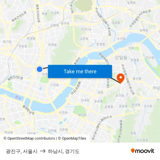 광진구, 서울시 to 하남시, 경기도 map
