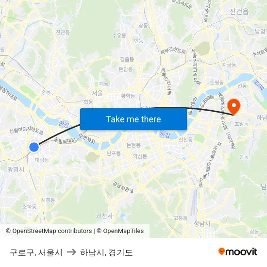 구로구, 서울시 to 하남시, 경기도 map