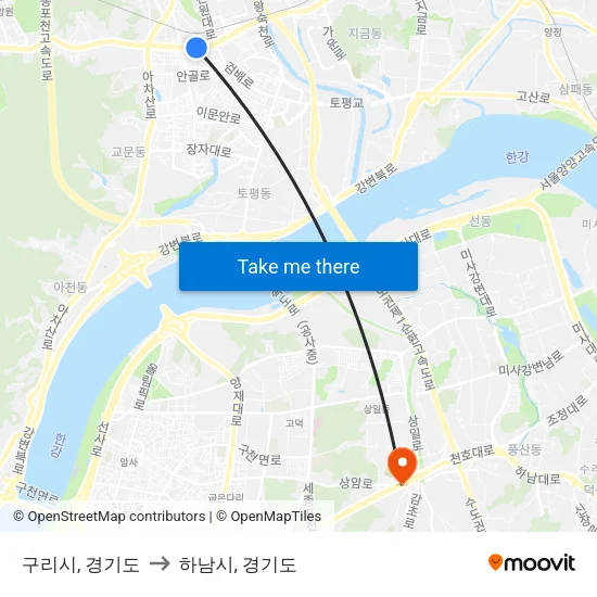 구리시, 경기도 to 하남시, 경기도 map