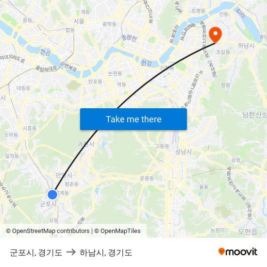 군포시, 경기도 to 하남시, 경기도 map