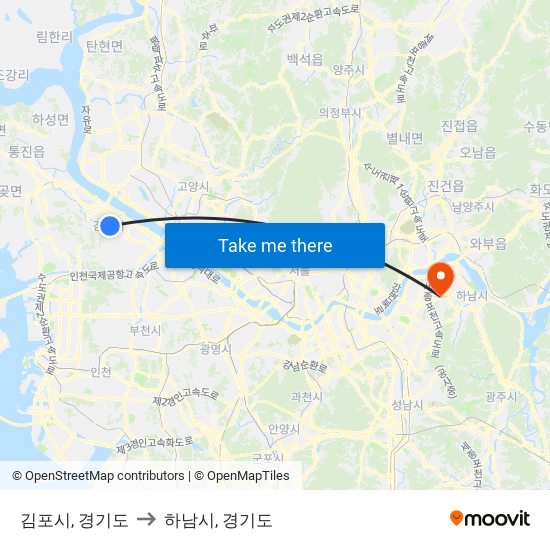 김포시, 경기도 to 하남시, 경기도 map