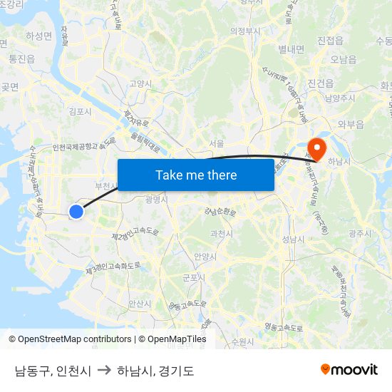 남동구, 인천시 to 하남시, 경기도 map