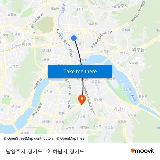 남양주시, 경기도 to 하남시, 경기도 map