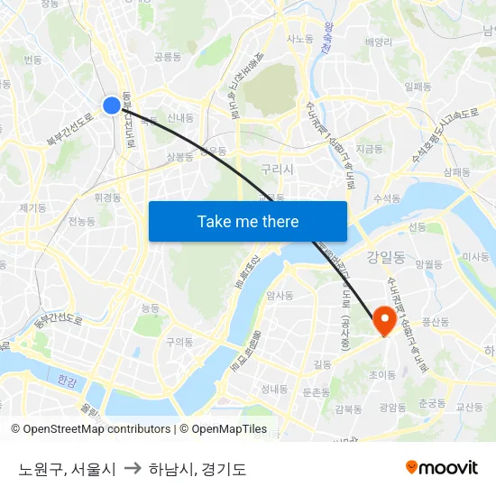 노원구, 서울시 to 하남시, 경기도 map