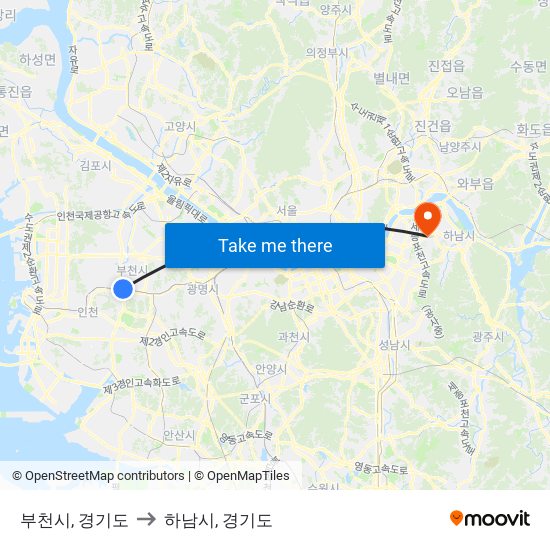 부천시, 경기도 to 하남시, 경기도 map