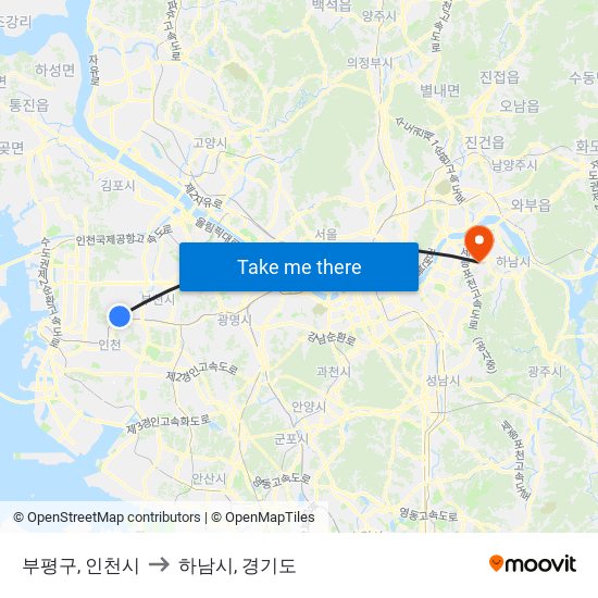 부평구, 인천시 to 하남시, 경기도 map