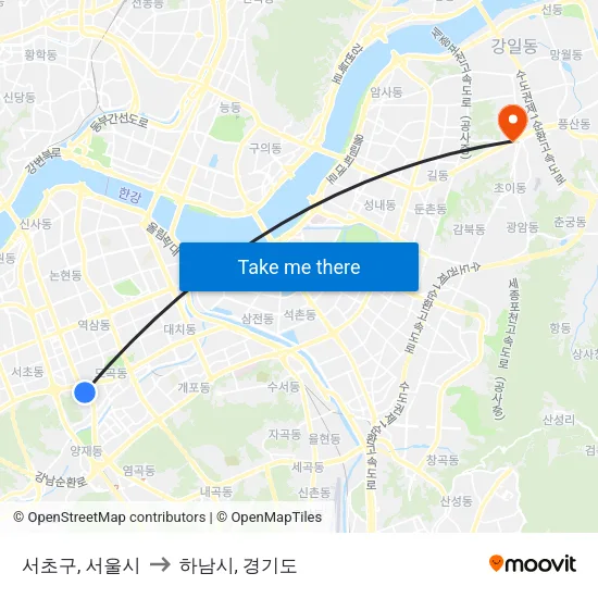 서초구, 서울시 to 하남시, 경기도 map