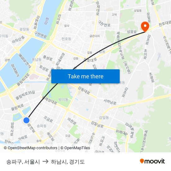 송파구, 서울시 to 하남시, 경기도 map