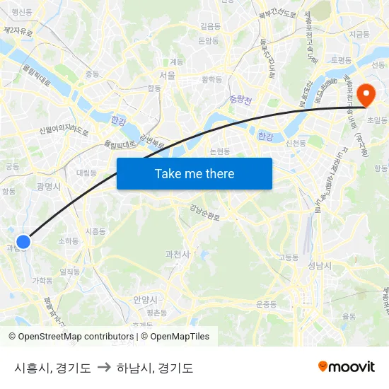 시흥시, 경기도 to 하남시, 경기도 map