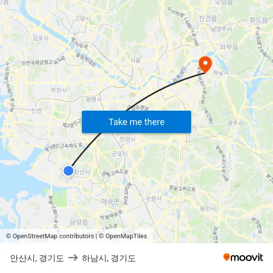 안산시, 경기도 to 하남시, 경기도 map